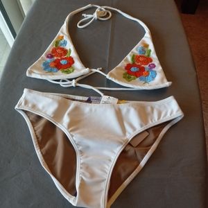 Cia Maritima Brazilian Bikini 2-PC Swimsuit w Retro Floral Beading